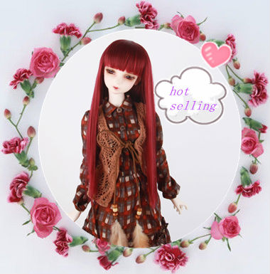 Fashionable wine super long straight bjd doll wig